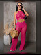 Rose Red Sexy Hollow-out Knitted Women Sleeveless Long Pants 2 Pieces Sets XT-83019