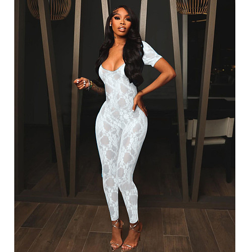 Women Summer Lace Short Sleeve Backless Sexy Jumpsuit XRB-10075