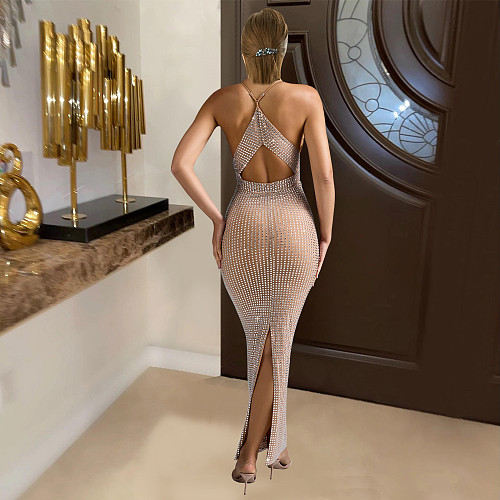 Women Hot Drilling Sexy Hollow-out Sleeveless Split Tight Long Dress BY-6963