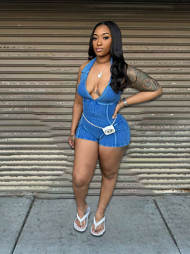 Sexy Backless Halter Girls Solid Color Sleeveless Romper NIYA-8171