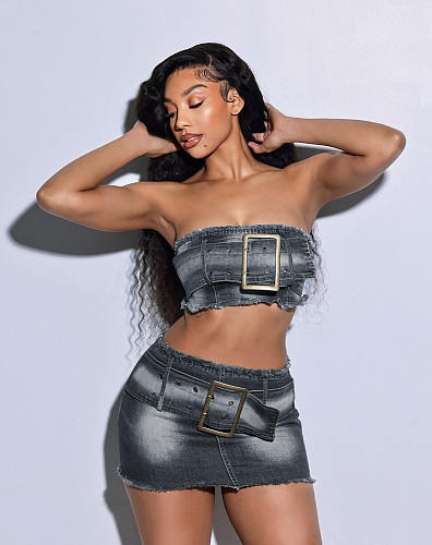 Sexy Wrap Bra Denim Skirt Set Dark MEM-88566