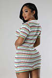Striped Pattern Button Front Sweater Crochet Mini Dress OSM-4450