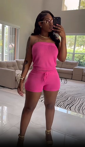 Sexy Strapless Tops And Lace-up Shorts Rose Red Two-piece Sets XT-83014
