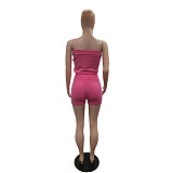 Sexy Strapless Tops And Lace-up Shorts Rose Red Two-piece Sets XT-83014