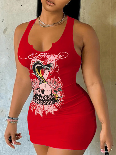 Red Fashion Printed Girls Sleeveless Package Hips Mini Dresses RS-0721