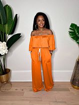 Sexy Off Shoulder Solid Color Loose Long Pants Women Two Pieces Sets JR-3763