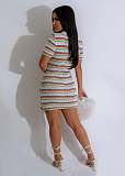 Striped Pattern Button Front Sweater Crochet Mini Dress OSM-4450