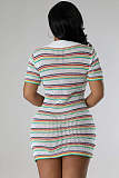 Striped Pattern Button Front Sweater Crochet Mini Dress OSM-4450