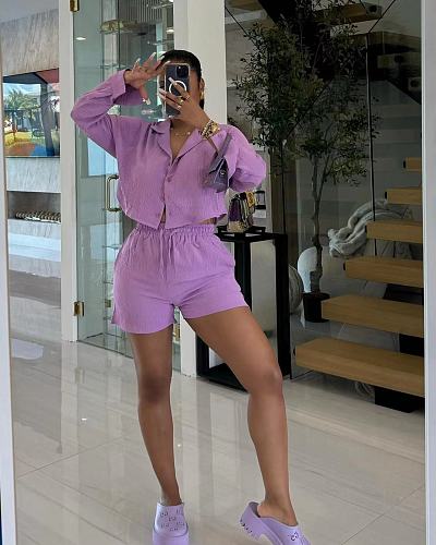 Casual Purple Two Pieces Sets Women Long Sleeves Blouse And Shorts OLY-6152