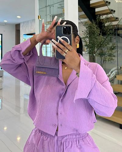 Casual Purple Two Pieces Sets Women Long Sleeves Blouse And Shorts OLY-6152