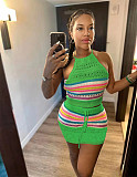 Knitting Striped Halter Backless Tops 2 Piece Skirt Sets XT-8165