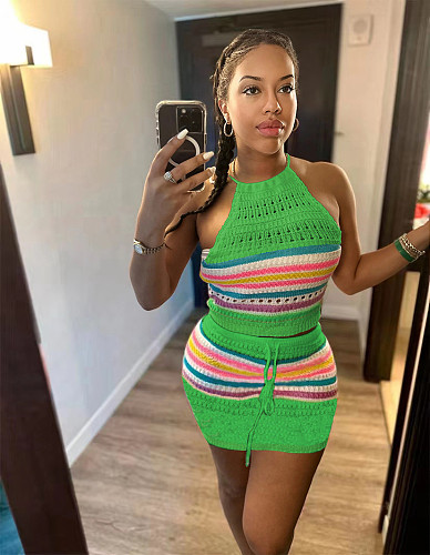 Knitting Striped Halter Backless Tops 2 Piece Skirt Sets XT-8165