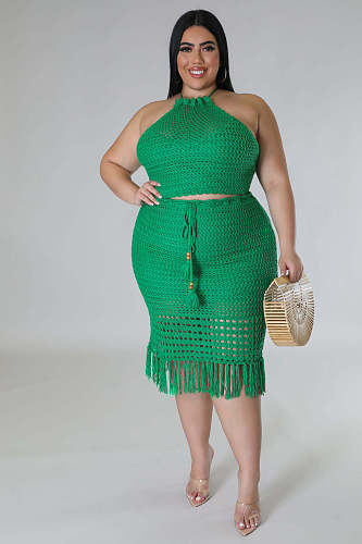 Sexy Sleeveless Crop Top And Tassel Knitted Skirts Women Plus Size 2 Pieces Sets OSM-5313