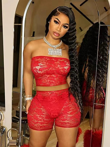 Sexy Transparent Lace Strapless Crop Top And Shorts Women 2 Pieces Sets CH-24018