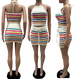Knitting Striped Halter Backless Tops 2 Piece Skirt Sets XT-8165