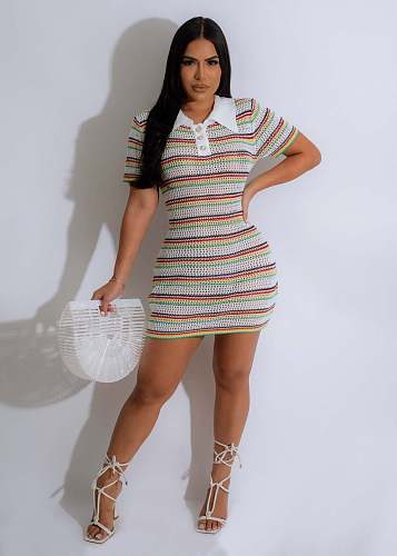 Striped Pattern Button Front Sweater Crochet Mini Dress OSM-4450