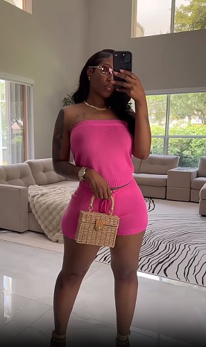 Sexy Strapless Tops And Lace-up Shorts Rose Red Two-piece Sets XT-83014
