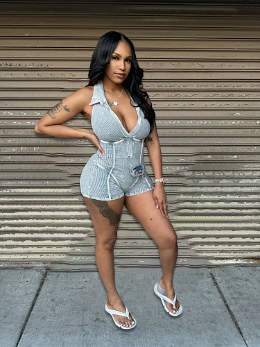 Sexy Backless Halter Girls Solid Color Sleeveless Romper NIYA-8171