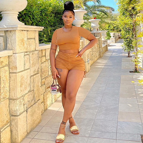 Solid Crop Top And Drawstring Ruched Shorts Sets BN-9332