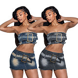 Sexy Wrap Bra Denim Skirt Set Dark MEM-88566