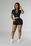 Casual Women Zipper Crop Tops With Shorts Solid Color Two-pieces Sets NIYA-8172