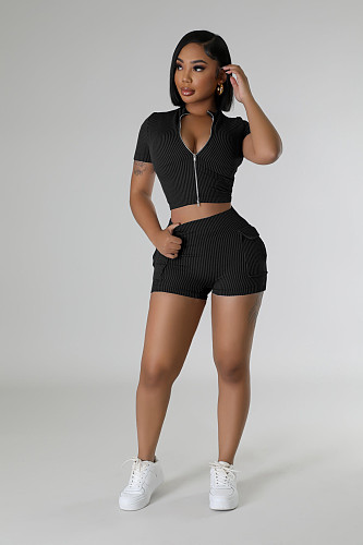 Casual Women Zipper Crop Tops With Shorts Solid Color Two-pieces Sets NIYA-8172