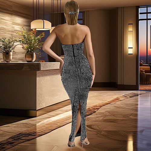 Sexy Strapless Hot Drilling Bodycon Split Maxi Club Dresses BY-6962