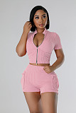 Casual Women Zipper Crop Tops With Shorts Solid Color Two-pieces Sets NIYA-8172