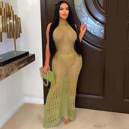 Sexy Transparent Knited Sleeveless Sunscreen Smock Beach Long Dress OSM-4460