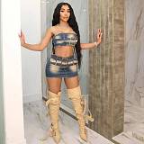 Sexy Wrap Bra Denim Skirt Set Dark MEM-88566