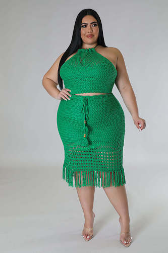 Sexy Sleeveless Crop Top And Tassel Knitted Skirts Women Plus Size 2 Pieces Sets OSM-5313