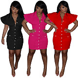 Women's Solid Color Lotus Sleeve Large Collar Cardigan Pockets Mini Dress TE-4664