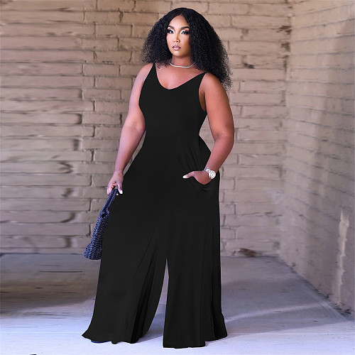 Solid Sleeveless High Waist Loose Wide Leg Jumpsuits TE-4387