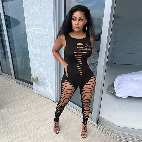 Women's Sleeveless Ripped Hole Bodycon Club Jumpsuit DD-8082