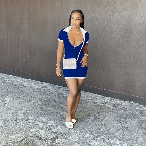 Summer Hot Short Sleeve Lapel Neck Front Zipper Patchwork Bodycon High Stretch Package Hip Mini Dress DD-88112