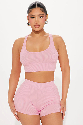 Pink Casual Women Vest And Shorts Sporty 2 Pieces Sets FE-307