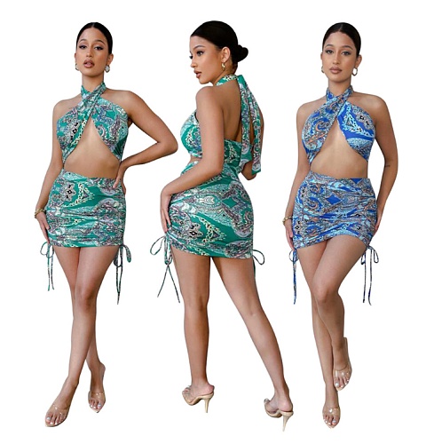 Summer Paisley Prints Hollow Out Drawstring Nightclub Dress DD-8089
