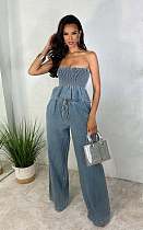 Casual Women Flounced Strapless Crop Top And Wide-leg Pants Denim Sets YUN-52015