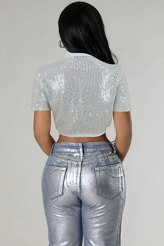 Stylish Sequines Short Sleeves Turndown Collar Women POLO Shirt FE-291