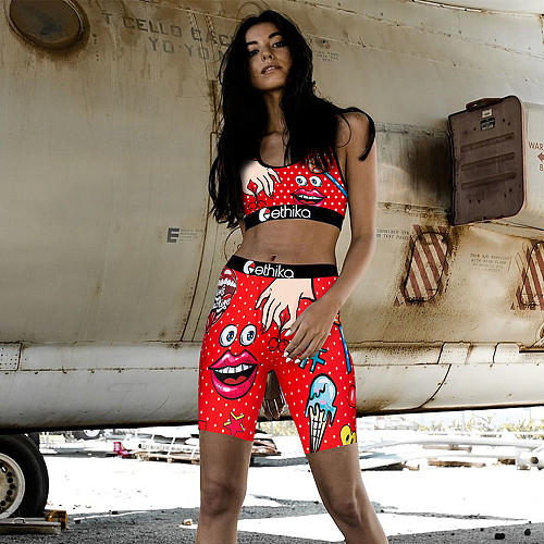 Red Cartoon Lips Printed Vest 2 Pieces Short Set DD-8022