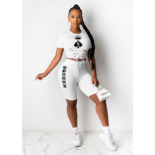 Casual Sporty Women's Poker Card Print Eyelet Bandage Short Sleeve Crop Top Bodycon Shorts 2 Piece Set DD-8100