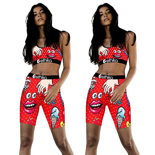 Red Cartoon Lips Printed Vest 2 Pieces Short Set DD-8022