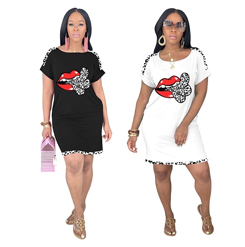 Hot-Selling Lip Print Leopard Print Patchwork Dresses DD-8023
