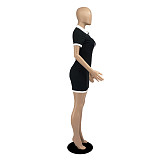 Summer Hot Short Sleeve Lapel Neck Front Zipper Patchwork Bodycon High Stretch Package Hip Mini Dress DD-88112