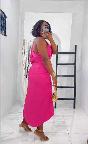 Women Sexy Oblique Shoulder Solid Color Pleated Split Maxi Dress NY-10828