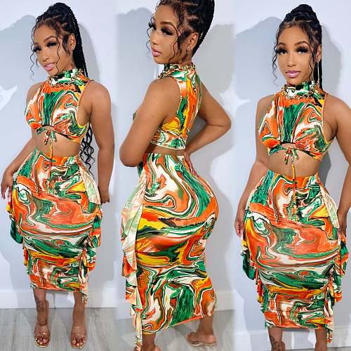 Stylish Prints Women Sleeveless Ruffles Sexy Long Skirts 2 Pieces Sets NY-10820