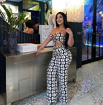 Casual Prints Hollow-out Crop Top With Wide-leg Pants Sexy 2 Pieces Sets NY-10832