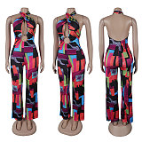 Sexy Printed Women Backless Halter Strech Slim Long Jumpsuit NY-10823
