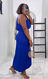 Women Sexy Oblique Shoulder Solid Color Pleated Split Maxi Dress NY-10828