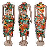 Stylish Prints Women Sleeveless Ruffles Sexy Long Skirts 2 Pieces Sets NY-10820